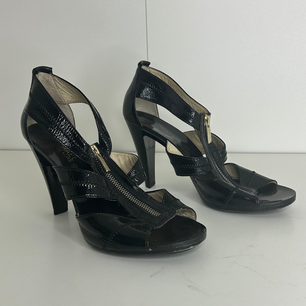 Michael Kors Black Patent Leather Peep Toe Zip Front High Heel Sandals 8.5M